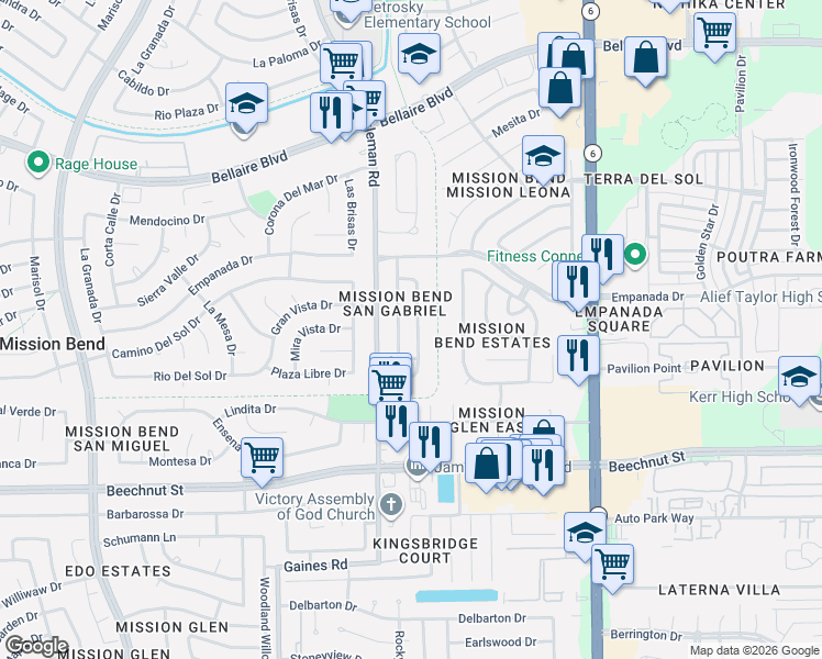 map of restaurants, bars, coffee shops, grocery stores, and more near 7523 Alcomita Drive in Houston