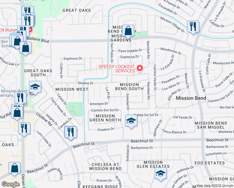 map of restaurants, bars, coffee shops, grocery stores, and more near 7447 Lobera Drive in Houston