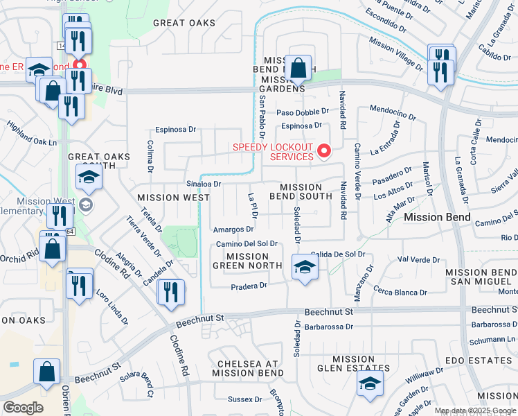 map of restaurants, bars, coffee shops, grocery stores, and more near 7439 La Place Drive in Houston