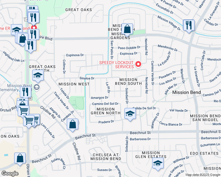 map of restaurants, bars, coffee shops, grocery stores, and more near 7439 La Place Drive in Houston