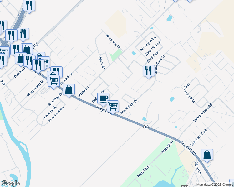map of restaurants, bars, coffee shops, grocery stores, and more near 254 Rosalie Drive in New Braunfels