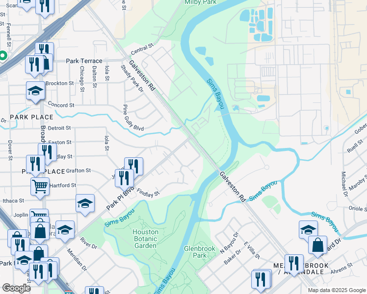 map of restaurants, bars, coffee shops, grocery stores, and more near 8432 Park Place Boulevard in Houston