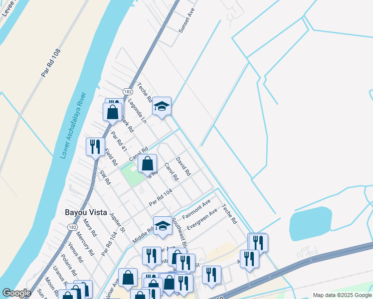 map of restaurants, bars, coffee shops, grocery stores, and more near 555 Teche Rd in Morgan City