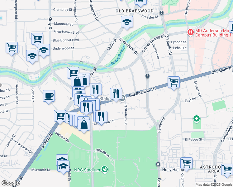 map of restaurants, bars, coffee shops, grocery stores, and more near 7950 North Stadium Drive in Houston