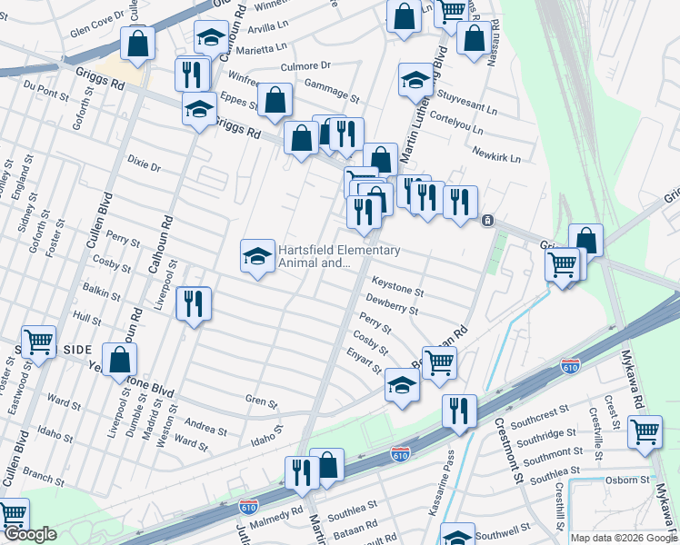 map of restaurants, bars, coffee shops, grocery stores, and more near 5103 Dewberry Street in Houston