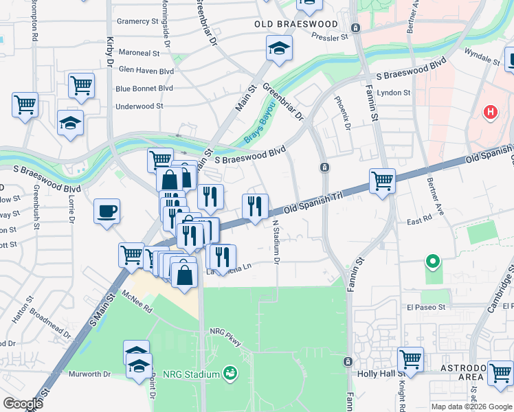 map of restaurants, bars, coffee shops, grocery stores, and more near 7950 North Stadium Drive in Houston
