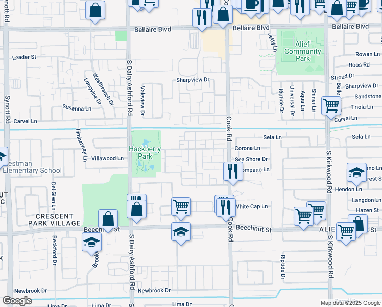 map of restaurants, bars, coffee shops, grocery stores, and more near 7714 Shadow Hill Lane in Houston