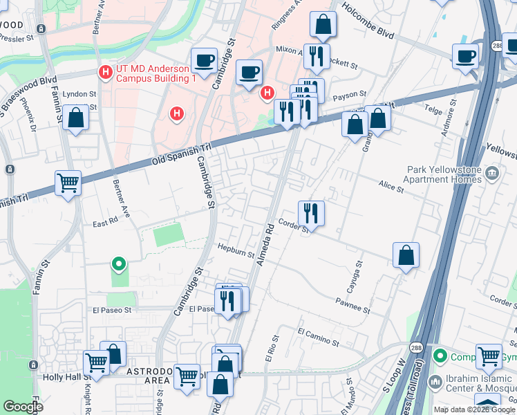 map of restaurants, bars, coffee shops, grocery stores, and more near 7200 Almeda Road in Houston