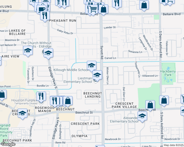 map of restaurants, bars, coffee shops, grocery stores, and more near 7600 Synott Road in Houston