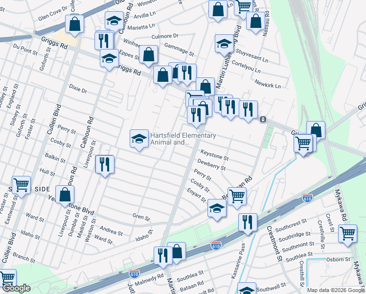 map of restaurants, bars, coffee shops, grocery stores, and more near 5103 Dewberry Street in Houston