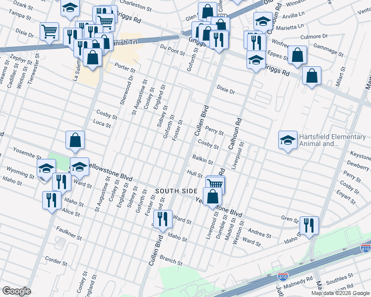 map of restaurants, bars, coffee shops, grocery stores, and more near 6420 Cullen Boulevard in Houston