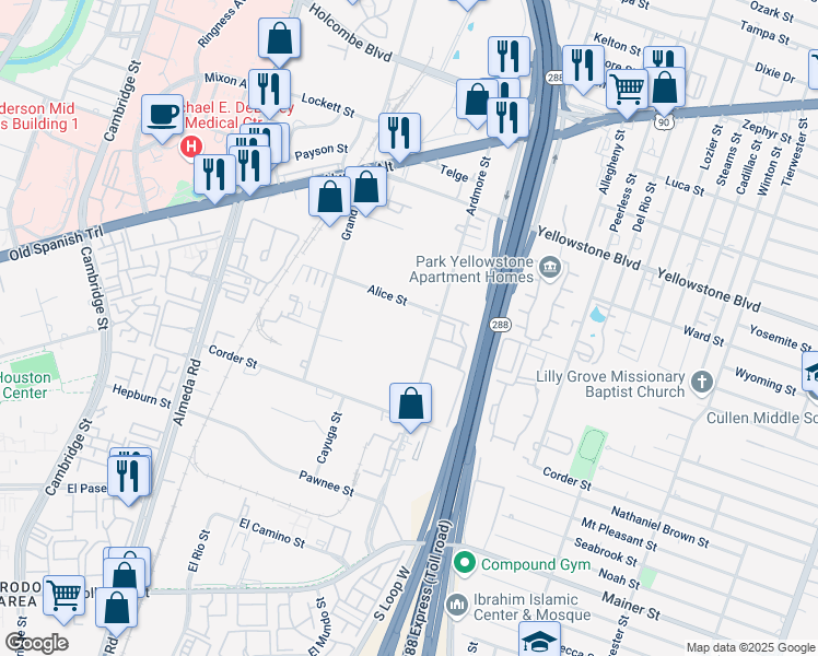 map of restaurants, bars, coffee shops, grocery stores, and more near 7210 Ardmore Street in Houston