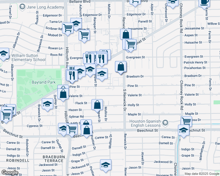 map of restaurants, bars, coffee shops, grocery stores, and more near 5531 Pine Street in Houston