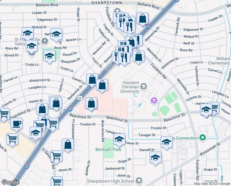 map of restaurants, bars, coffee shops, grocery stores, and more near Memorial Ln in Houston