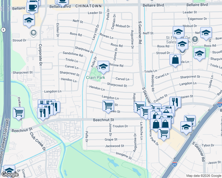 map of restaurants, bars, coffee shops, grocery stores, and more near 9003 Hendon Lane in Houston