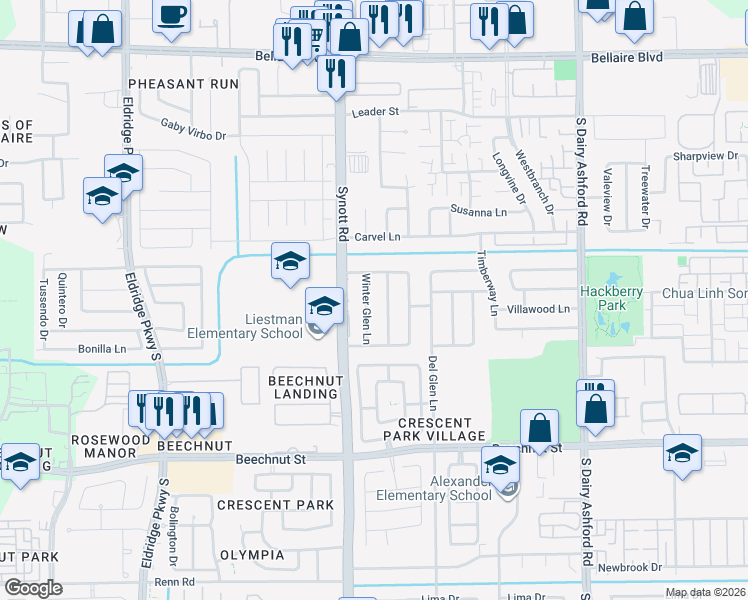 map of restaurants, bars, coffee shops, grocery stores, and more near 7614 Summer Glen Lane in Houston