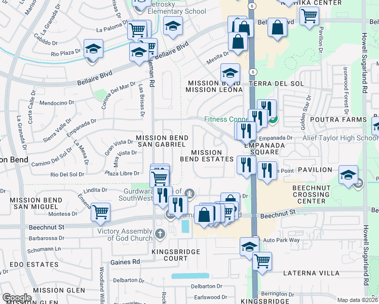 map of restaurants, bars, coffee shops, grocery stores, and more near 7706 Las Flores Drive in Houston
