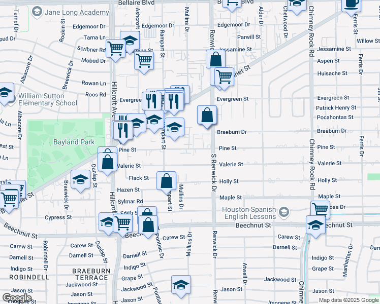 map of restaurants, bars, coffee shops, grocery stores, and more near 5531 Pine Street in Houston