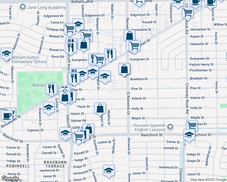 map of restaurants, bars, coffee shops, grocery stores, and more near 5531 Pine Street in Houston
