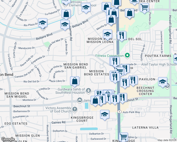 map of restaurants, bars, coffee shops, grocery stores, and more near 7706 Las Flores Drive in Houston