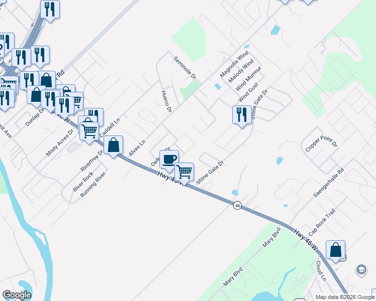 map of restaurants, bars, coffee shops, grocery stores, and more near 254 Rosalie Drive in New Braunfels