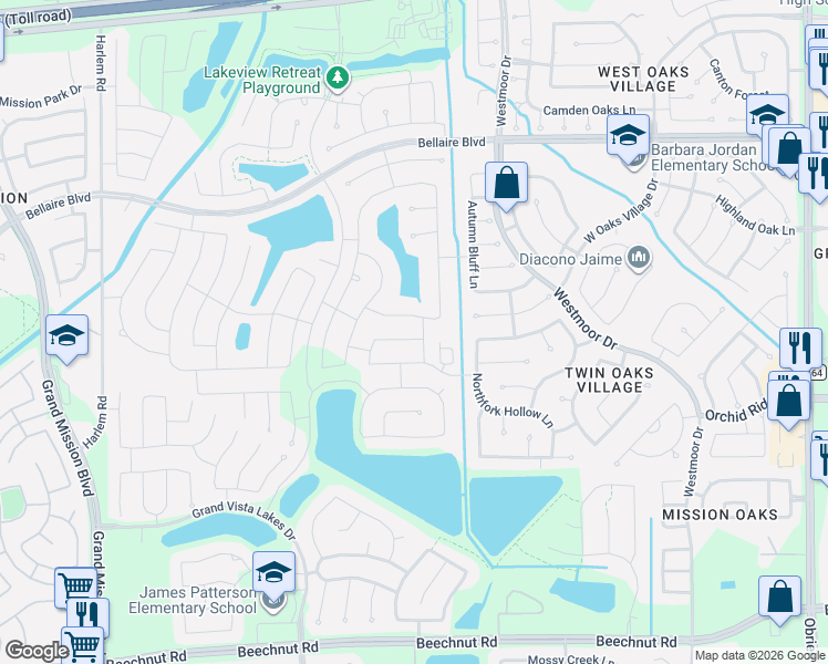 map of restaurants, bars, coffee shops, grocery stores, and more near 18303 Arcola Bay Lane in Richmond