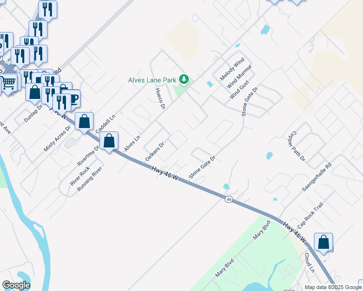 map of restaurants, bars, coffee shops, grocery stores, and more near 266 Rosalie Drive in New Braunfels