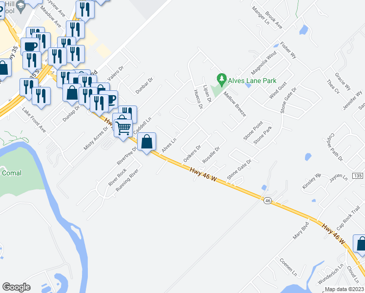 map of restaurants, bars, coffee shops, grocery stores, and more near 201 Anne Louise Drive in New Braunfels