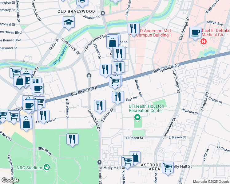 map of restaurants, bars, coffee shops, grocery stores, and more near 7400 Fannin Street in Houston
