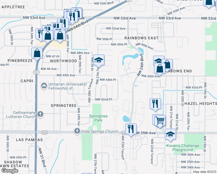 map of restaurants, bars, coffee shops, grocery stores, and more near 4337 Northwest 26th Terrace in Gainesville