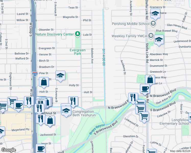 map of restaurants, bars, coffee shops, grocery stores, and more near 4332 Valerie Street in Bellaire