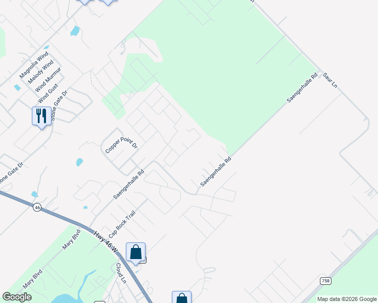 map of restaurants, bars, coffee shops, grocery stores, and more near 520 Long Leaf Drive in New Braunfels