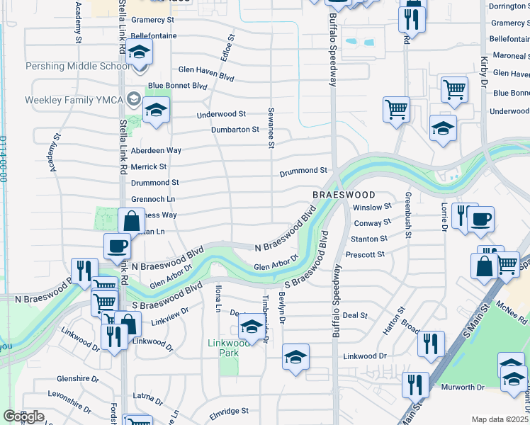 map of restaurants, bars, coffee shops, grocery stores, and more near 3606 Tartan Lane in Houston