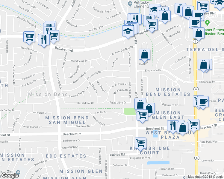 map of restaurants, bars, coffee shops, grocery stores, and more near 15307 Gran Vista Drive in Houston