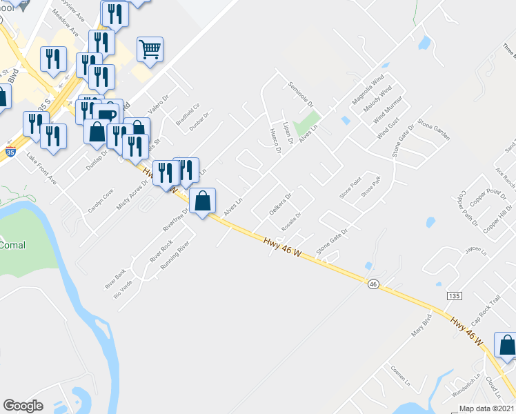 map of restaurants, bars, coffee shops, grocery stores, and more near 210 Anne Louise Drive in New Braunfels