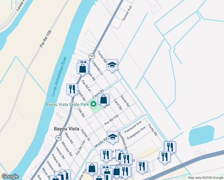 map of restaurants, bars, coffee shops, grocery stores, and more near 301 Carol Road in Morgan City