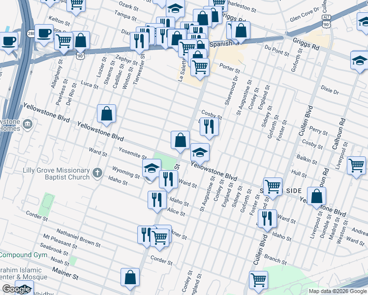 map of restaurants, bars, coffee shops, grocery stores, and more near 6679 Scott Street in Houston