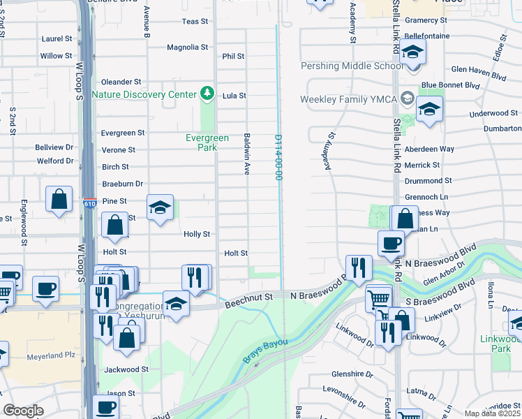 map of restaurants, bars, coffee shops, grocery stores, and more near 4311 Valerie Street in Bellaire