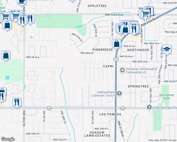 map of restaurants, bars, coffee shops, grocery stores, and more near 4343 Northwest 36th Terrace in Gainesville
