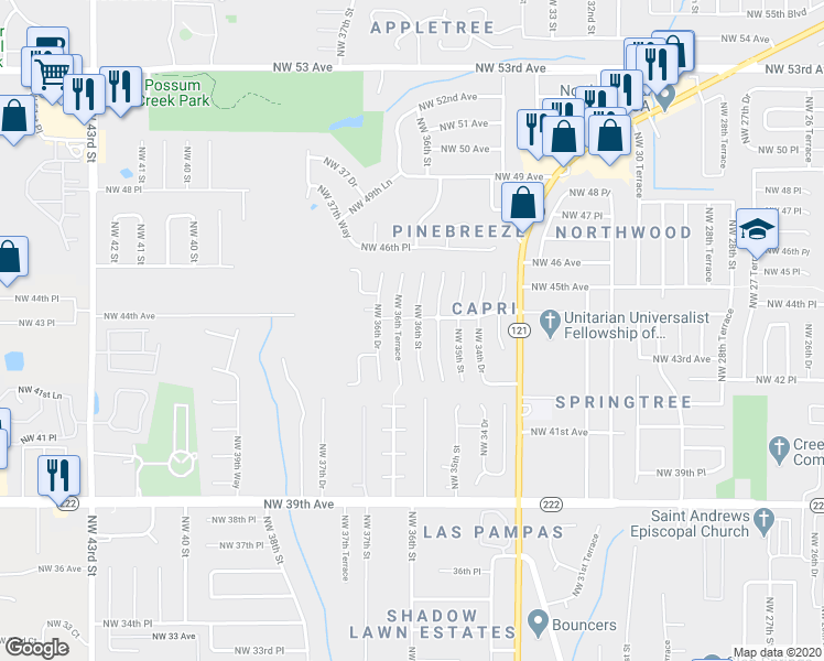 map of restaurants, bars, coffee shops, grocery stores, and more near 4358 Northwest 36 Street in Gainesville