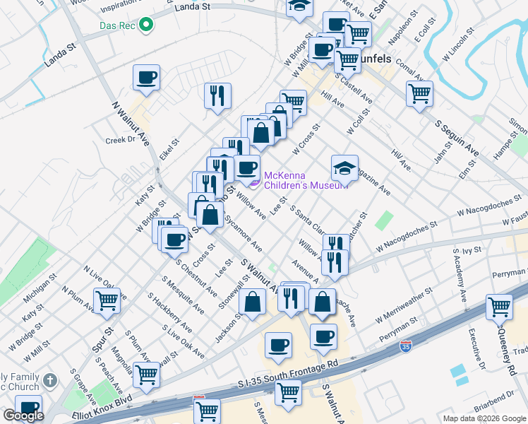 map of restaurants, bars, coffee shops, grocery stores, and more near 936 Lee Street in New Braunfels