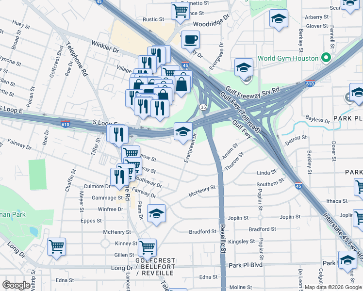 map of restaurants, bars, coffee shops, grocery stores, and more near 3400 Evergreen Drive in Houston