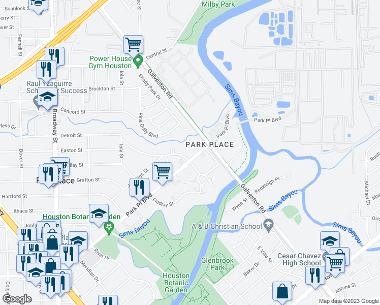 map of restaurants, bars, coffee shops, grocery stores, and more near 8405 Park Place Boulevard in Houston