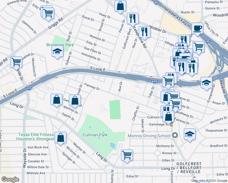 map of restaurants, bars, coffee shops, grocery stores, and more near 6700 Fairway Drive in Houston