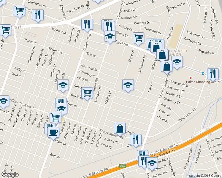 map of restaurants, bars, coffee shops, grocery stores, and more near 6315 Dumble Street in Houston