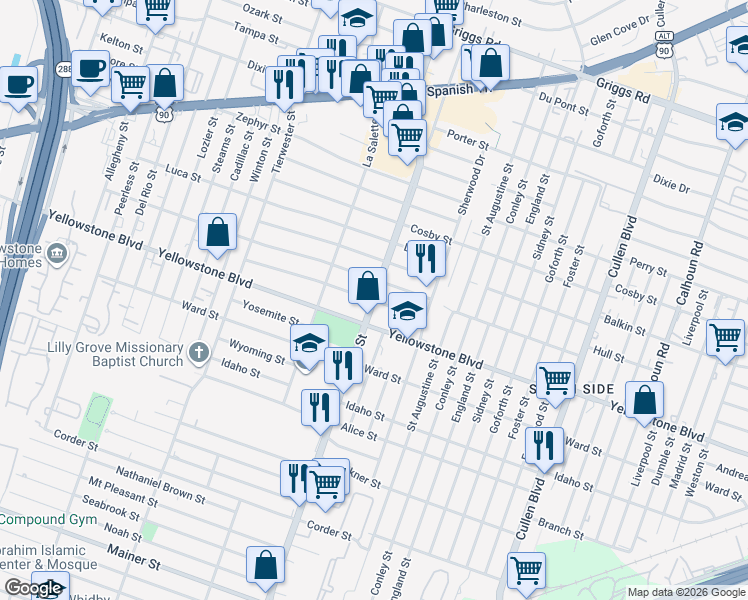map of restaurants, bars, coffee shops, grocery stores, and more near 6679 Scott Street in Houston