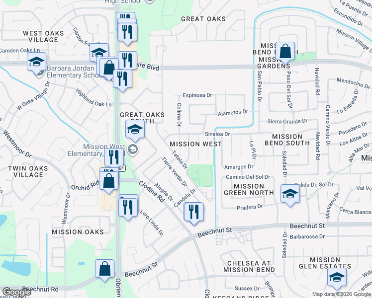 map of restaurants, bars, coffee shops, grocery stores, and more near 7518 Arista Drive in Houston