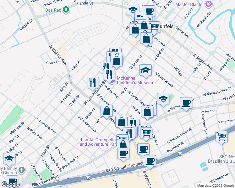 map of restaurants, bars, coffee shops, grocery stores, and more near 936 Lee Street in New Braunfels