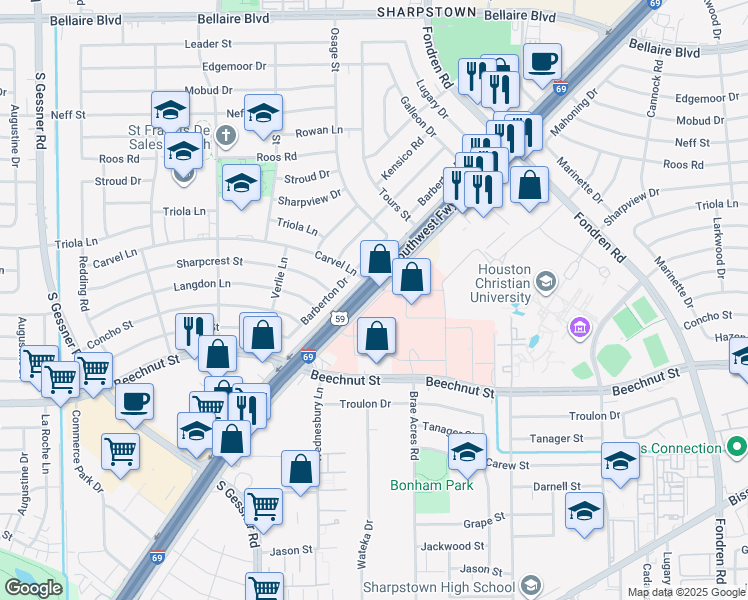 map of restaurants, bars, coffee shops, grocery stores, and more near 7737 Robert Hanna Drive in Houston