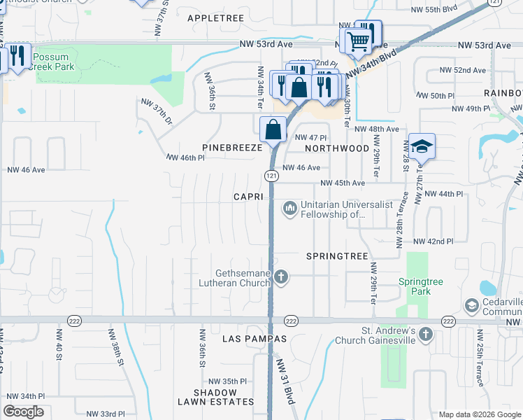 map of restaurants, bars, coffee shops, grocery stores, and more near 4323 Northwest 34th Terrace in Gainesville